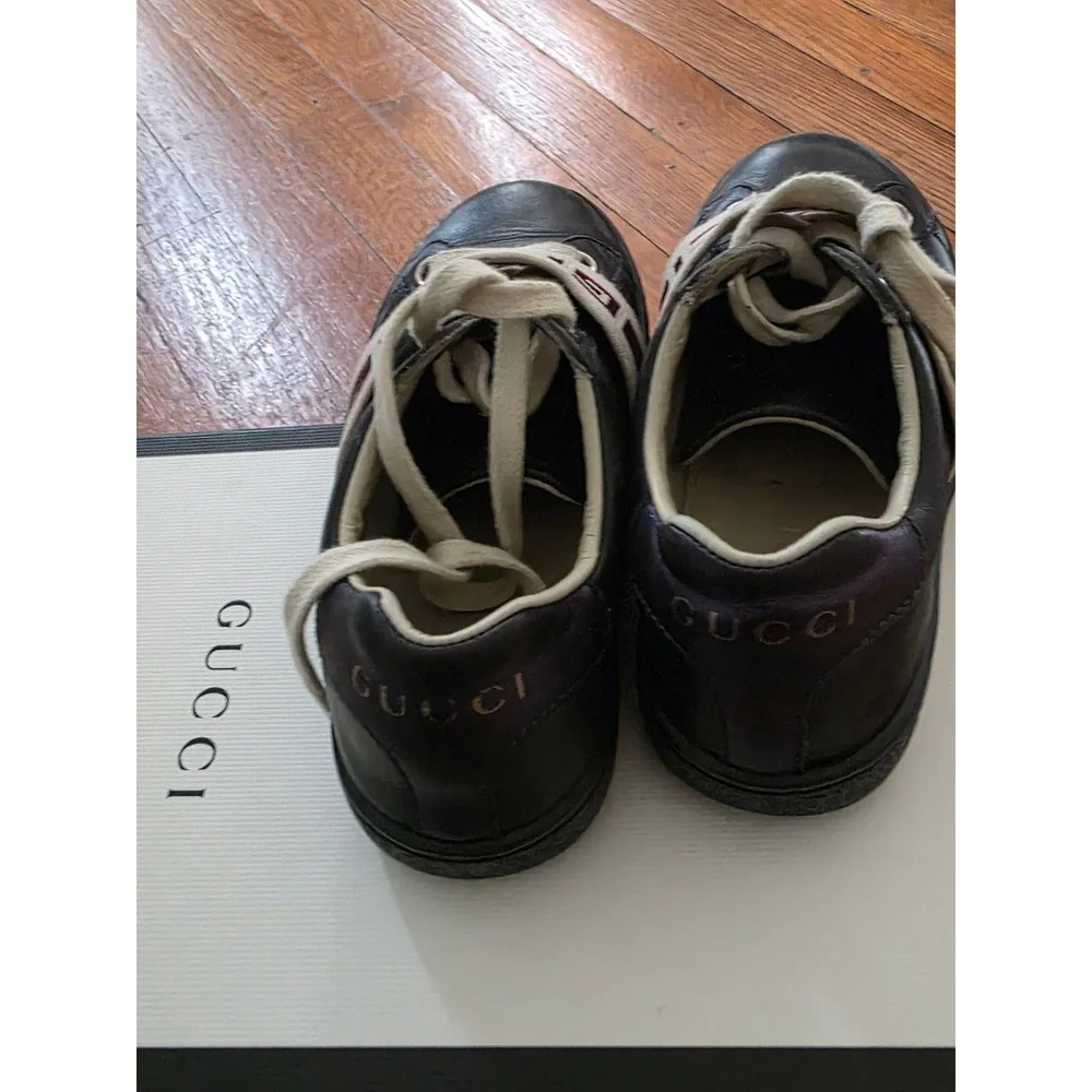 Gucci Ace Black Leather Logo Elastic Strap Sneakers Low Top Shoes‎ 523469